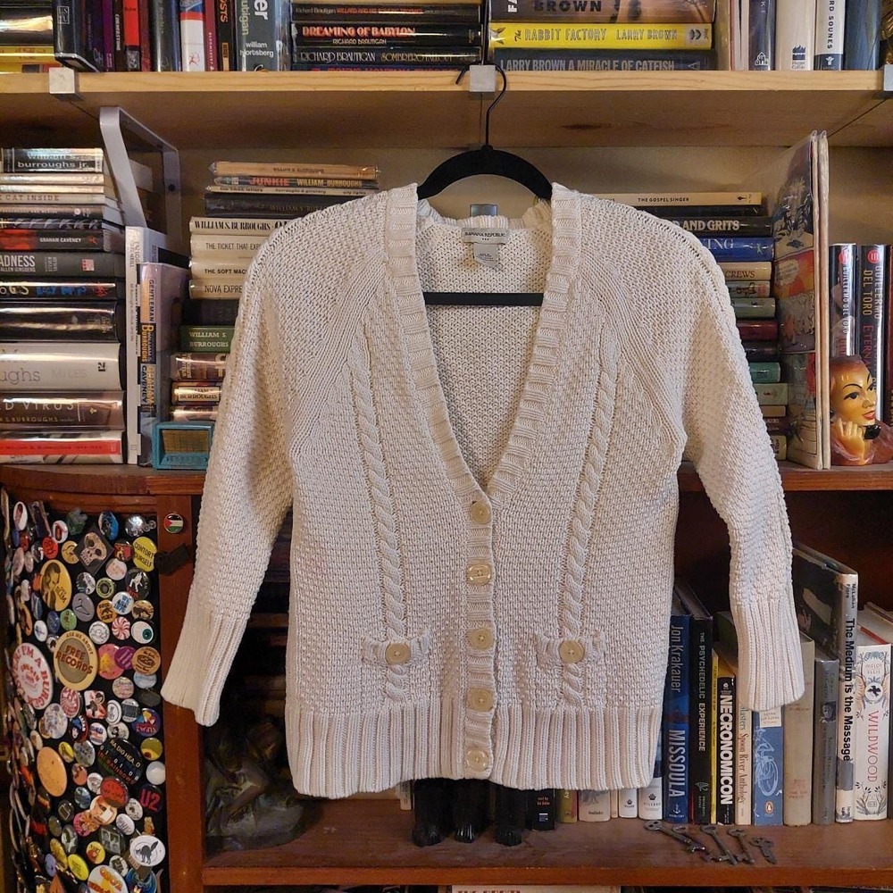 Vintage Banana Republic White 100% Cotton Cable Knit Cardigan Sweater Medium